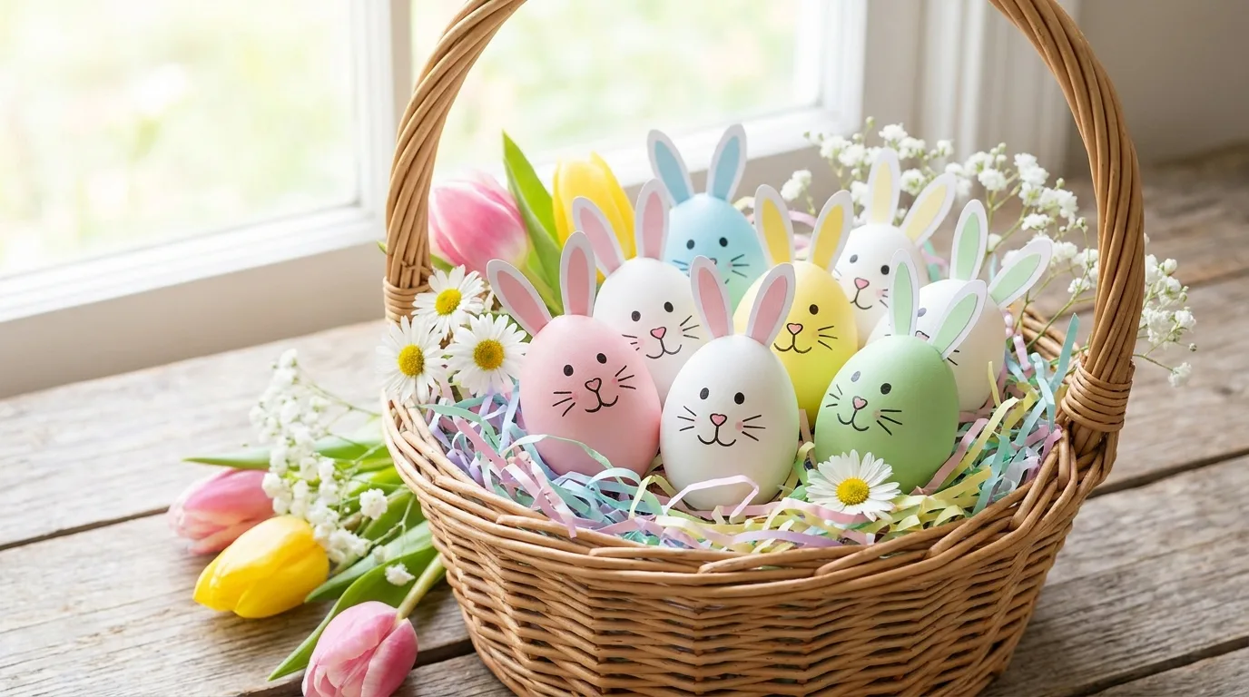 Cheerful pastel polka dot Easter eggs in a spring basket