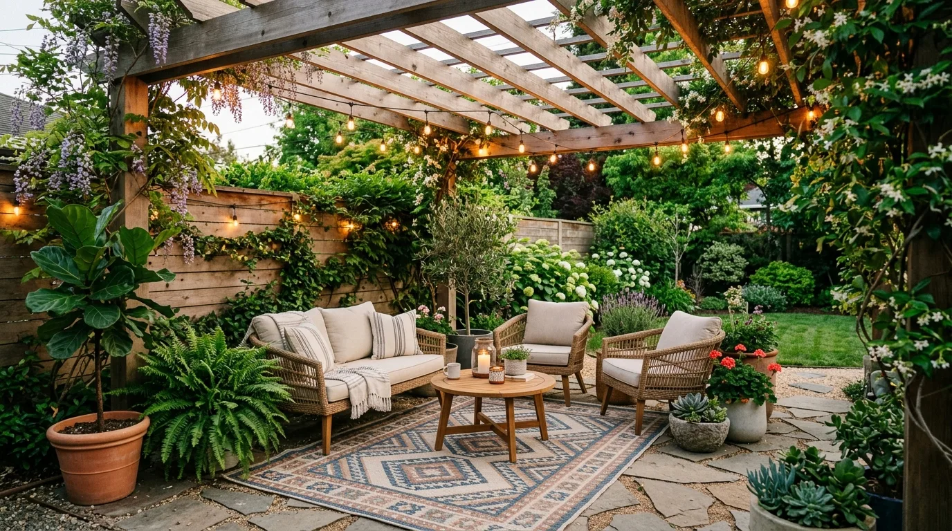 Corner backyard patio with L-shaped bench, compact table, tall planter, fence, and greenery