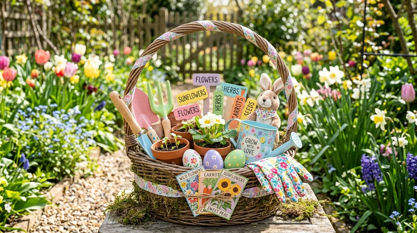 Easter artist basket filled with sketching and painting supplies