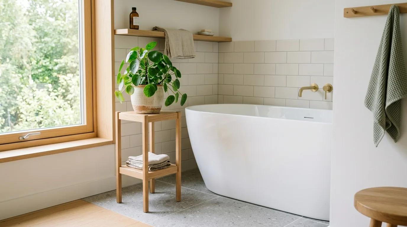Broad-leaf tropical plants creating a lush resort-style bathroom