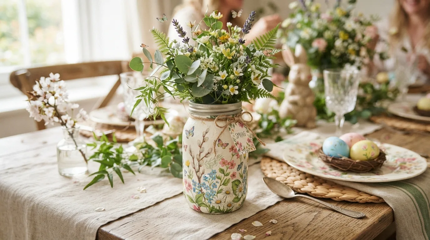 Floral decoupage Mason jar with spring flowers and butterflies