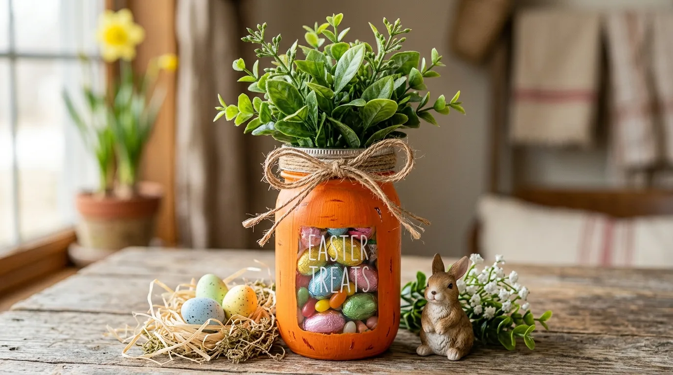 Yellow Easter chick mason jar with a cute face, ribbon, candy, and spring flowers.