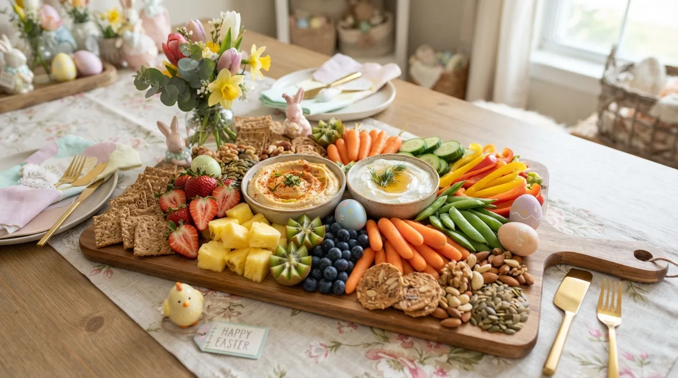 Kid-friendly Easter snack board with bunny-shaped foods and treats