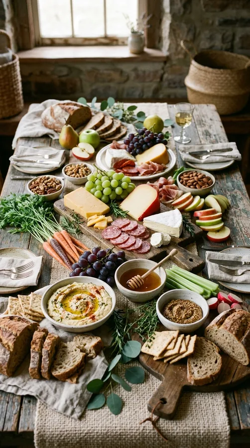 Festive holiday grazing table with cheese, meats, fruit, nuts, rosemary, and cookies