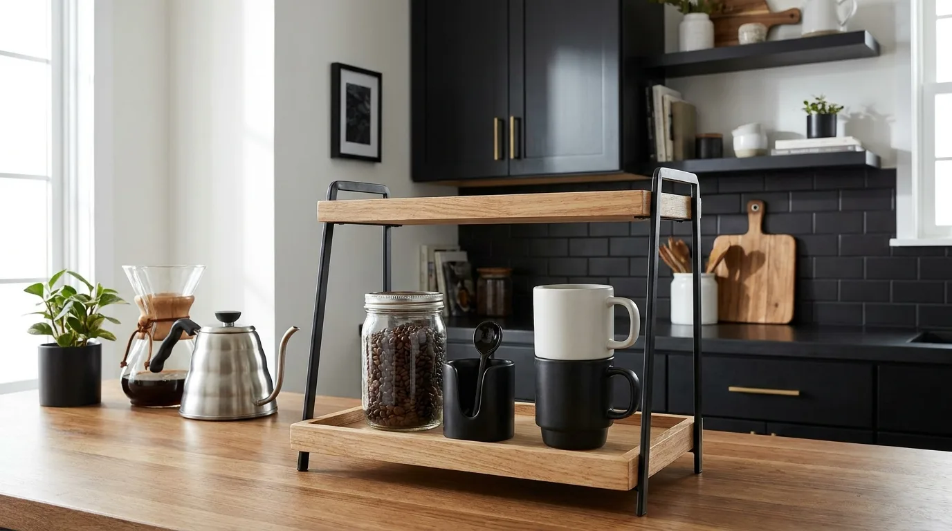 Modern wood and black metal tiered coffee station with clean contemporary styling