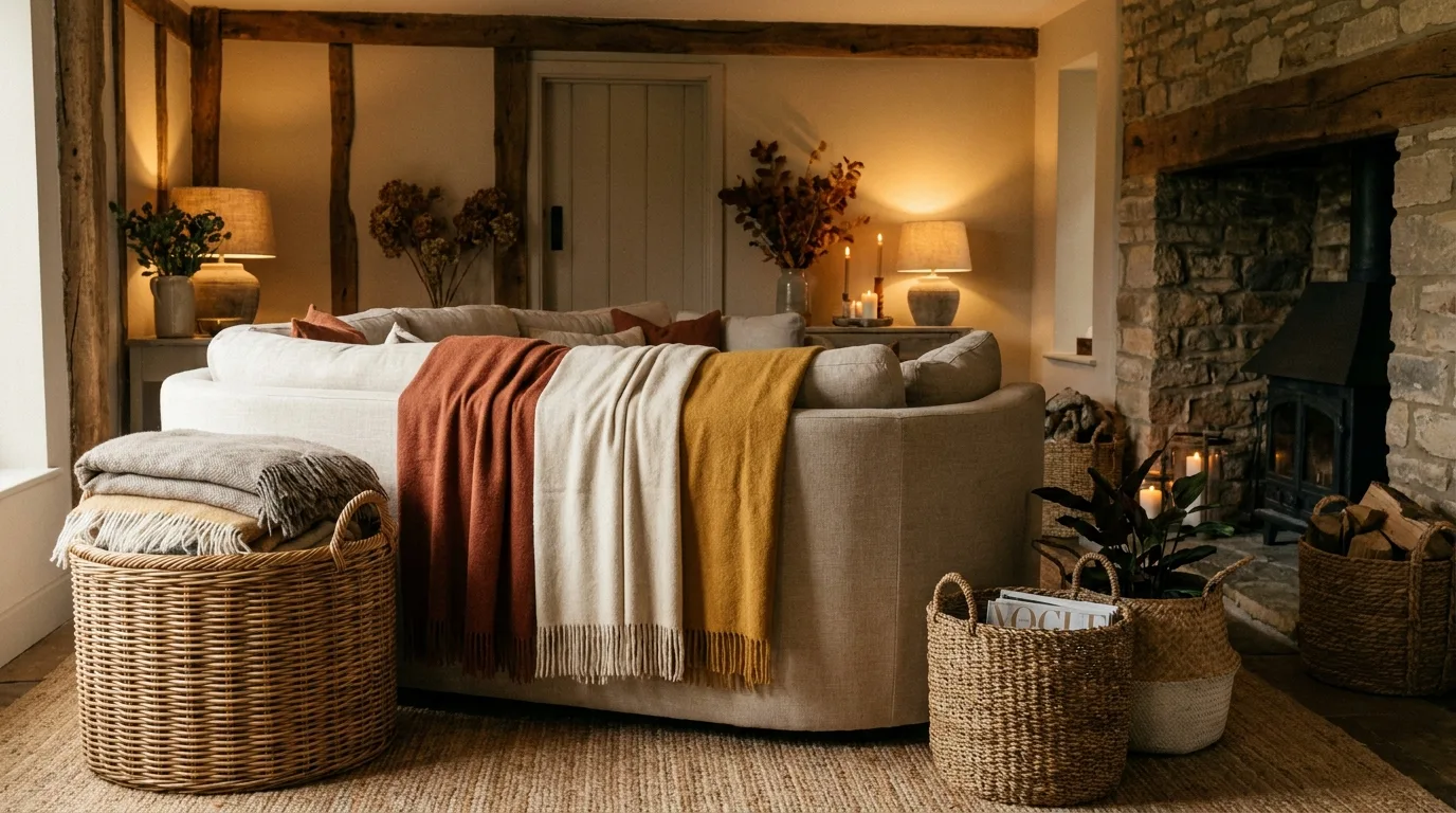 Natural woven baskets with folded blankets in a cozy fall living room