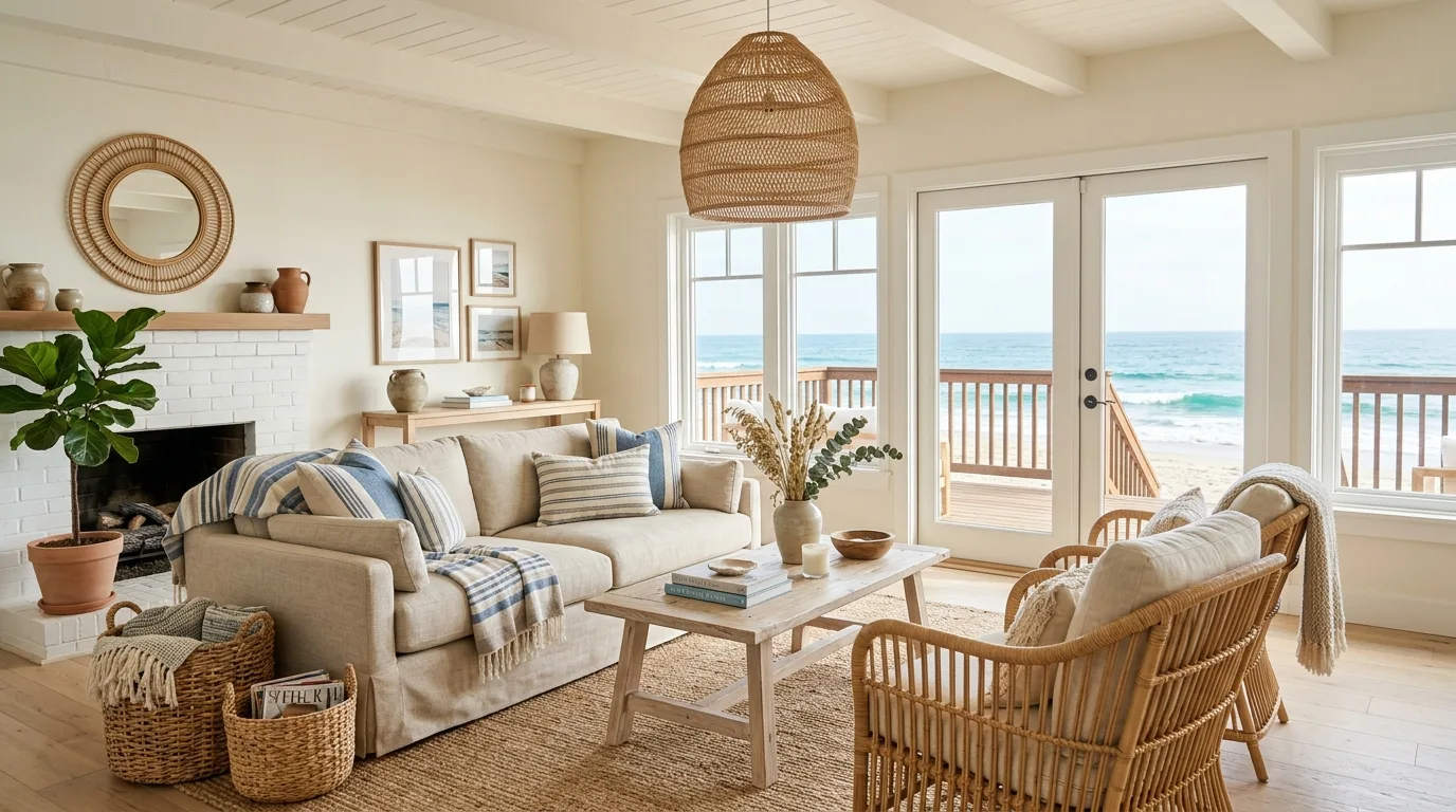 Coastal living room combining blue-and-cream stripes with organic patterns