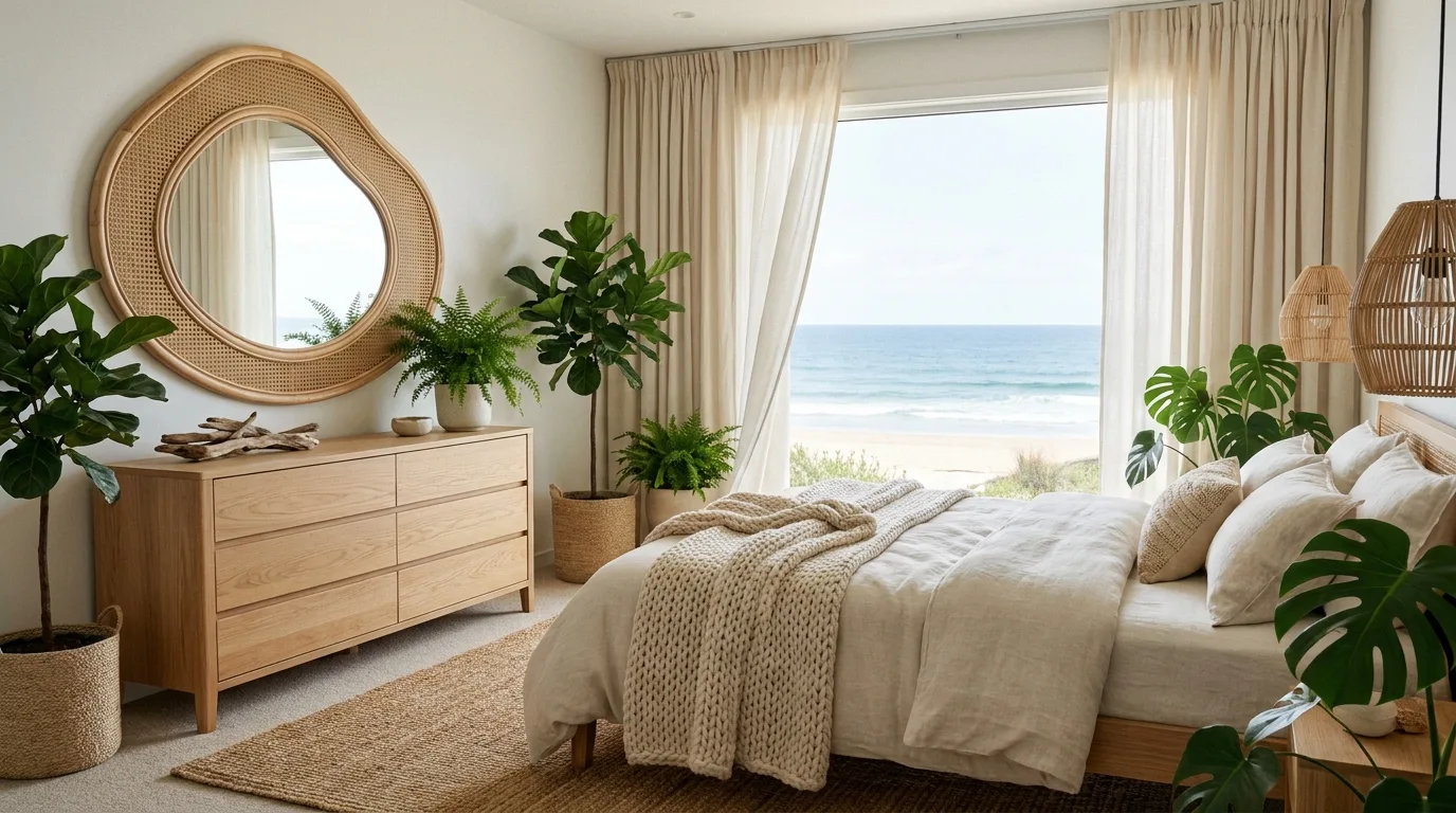 Coastal bedroom with soft sea-glass green walls and warm white bedding