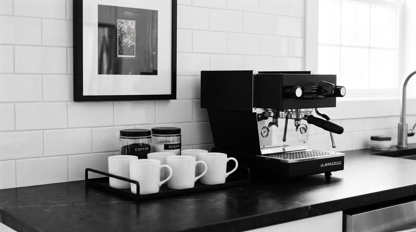 Kitchen coffee station with matching mugs displayed on hooks beneath cabinets