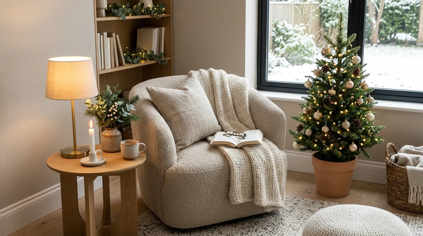 Cozy modern Christmas reading nook with an armchair, soft throw, lamp, greenery, and mini tree