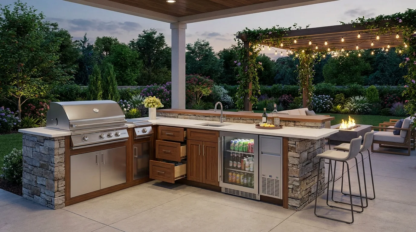 Modern outdoor kitchen with sleek cabinetry, stainless steel, and minimalist design