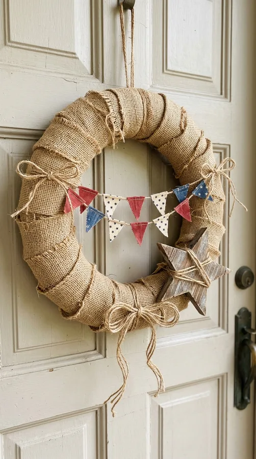 Fluffy red white and blue yarn pom-pom wreath