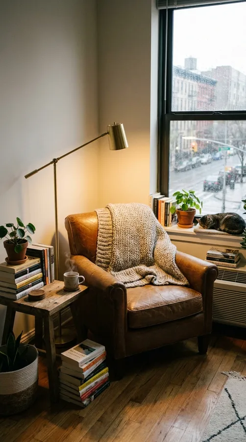 Soft floor-length curtains in a cozy apartment living room