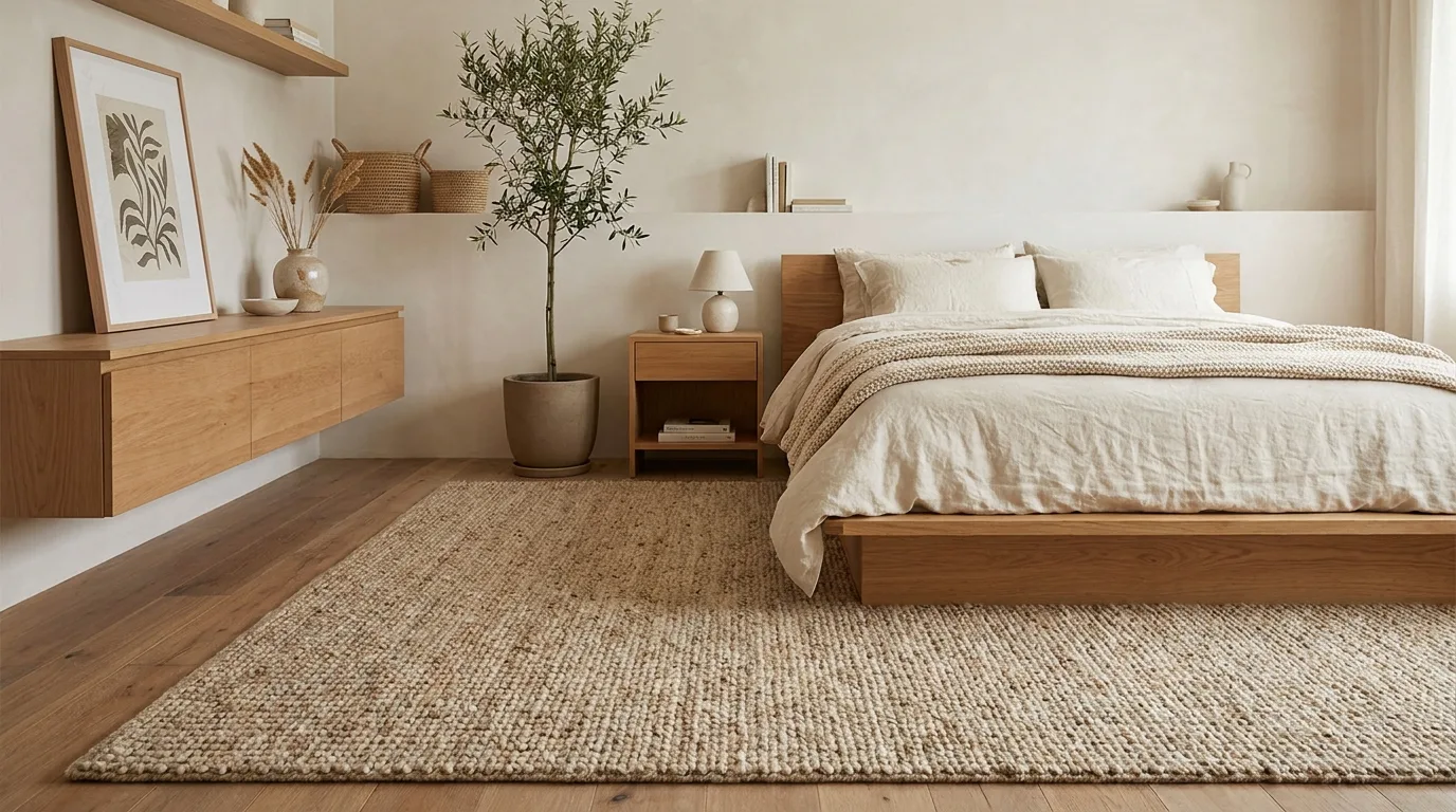 Minimalist bedroom with a large neutral textured rug beneath the bed