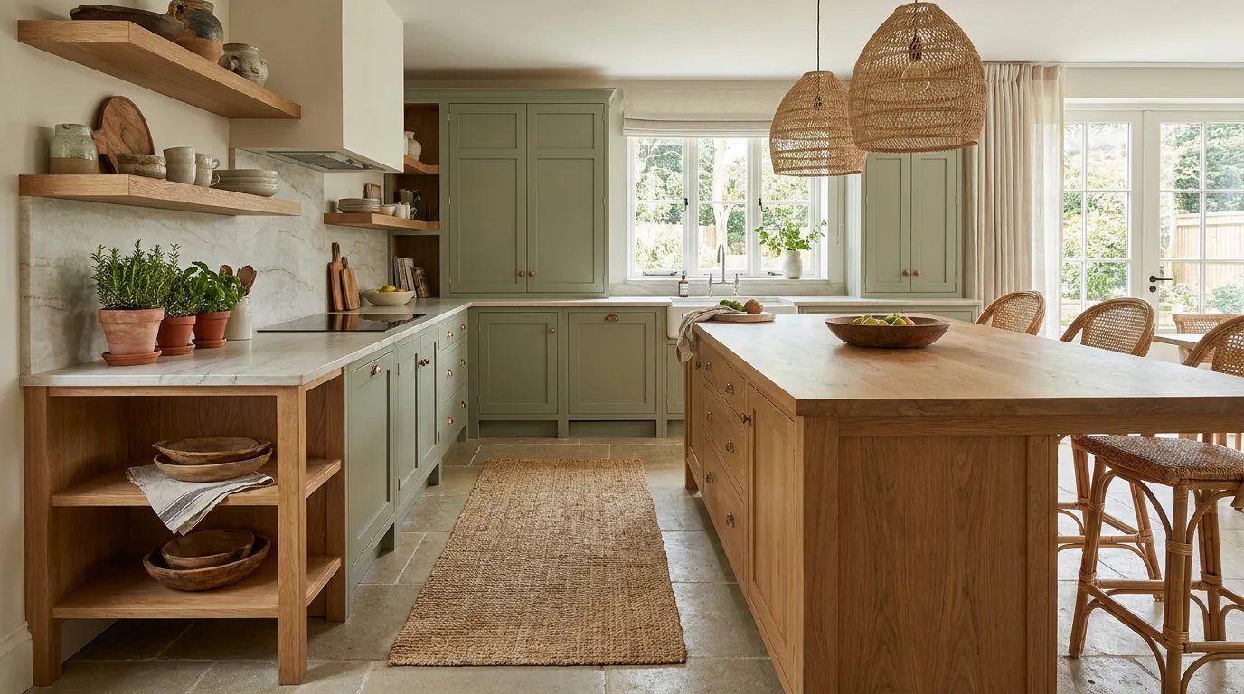 Sage green kitchen with a textured neutral ceramic tile backsplash