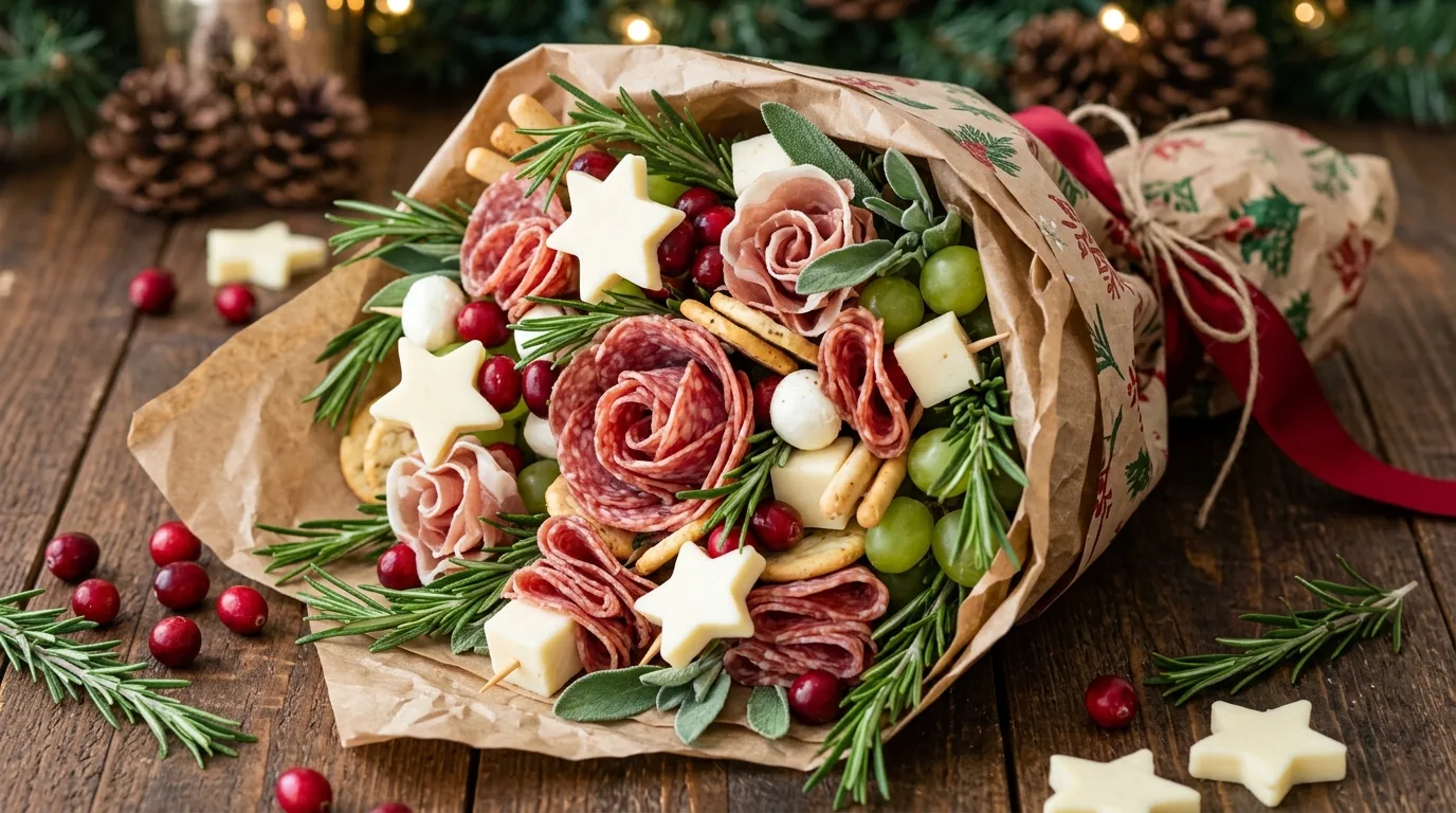 Breakfast charcuterie bouquet with fruit, pastries, ham, and cheese