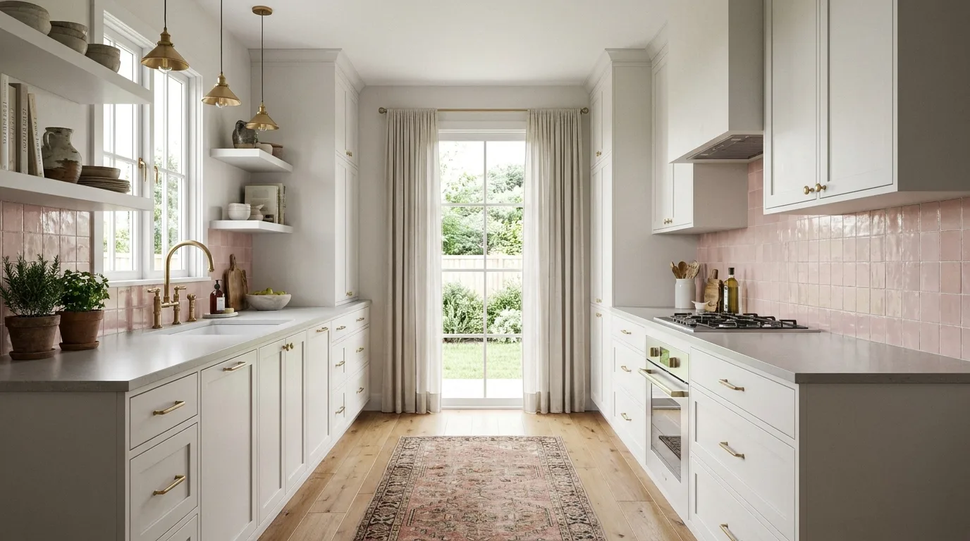 Retro pink kitchen with vintage details and checkerboard flooring