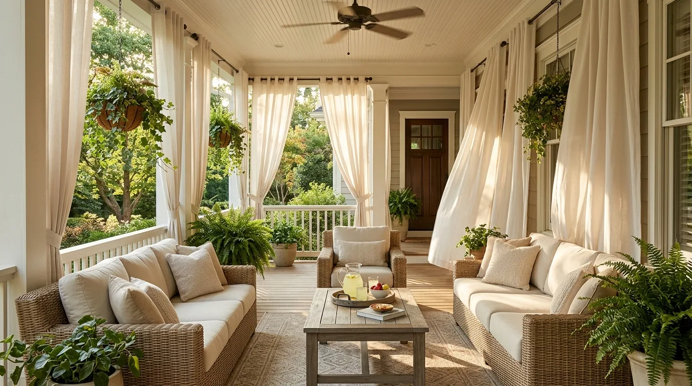 Outdoor curtains providing shade on a summer porch