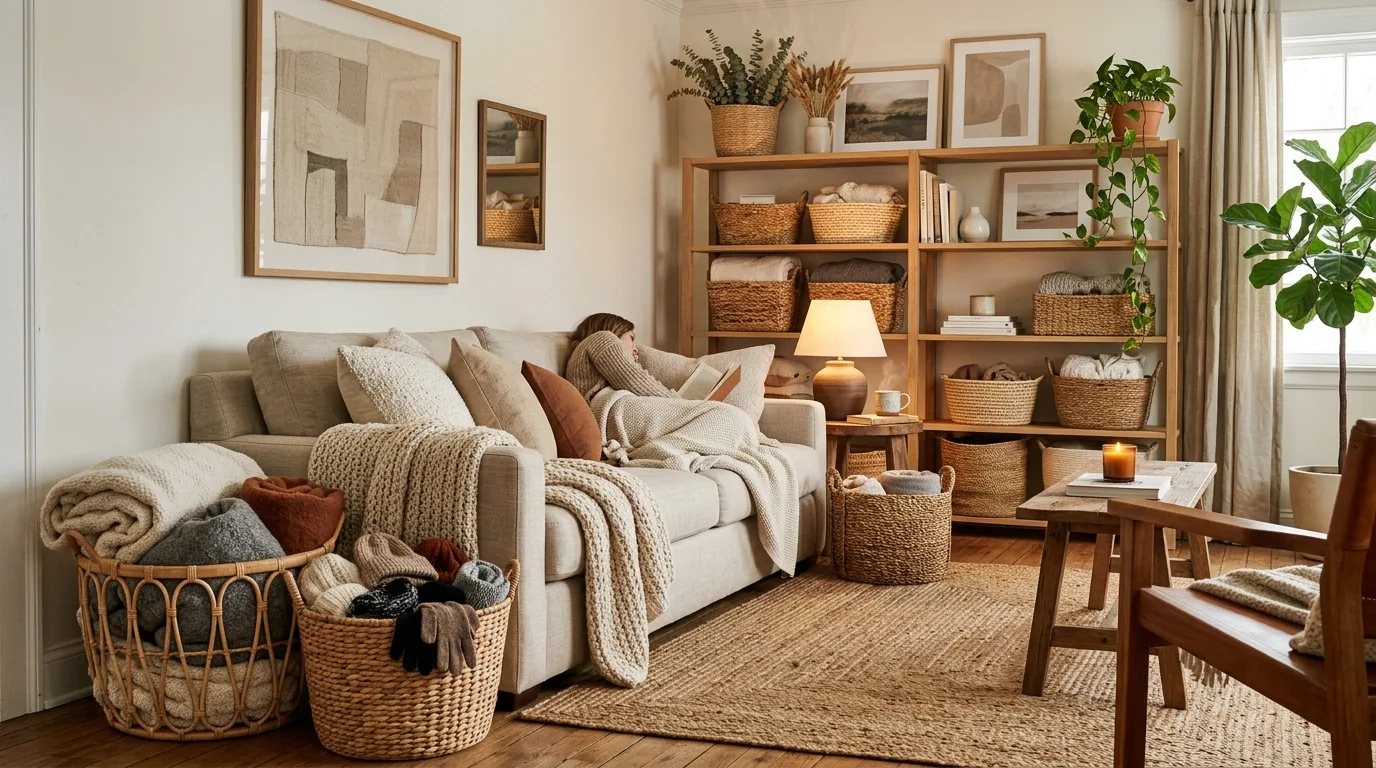 Winter coffee table styled with books, candles, greenery, and ceramics