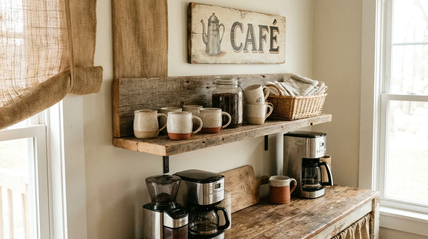 Colorful café-style home coffee bar with bright mugs and playful decorative accents