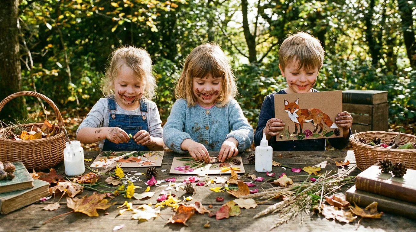 Children creating nature collages with leaves and flower petals