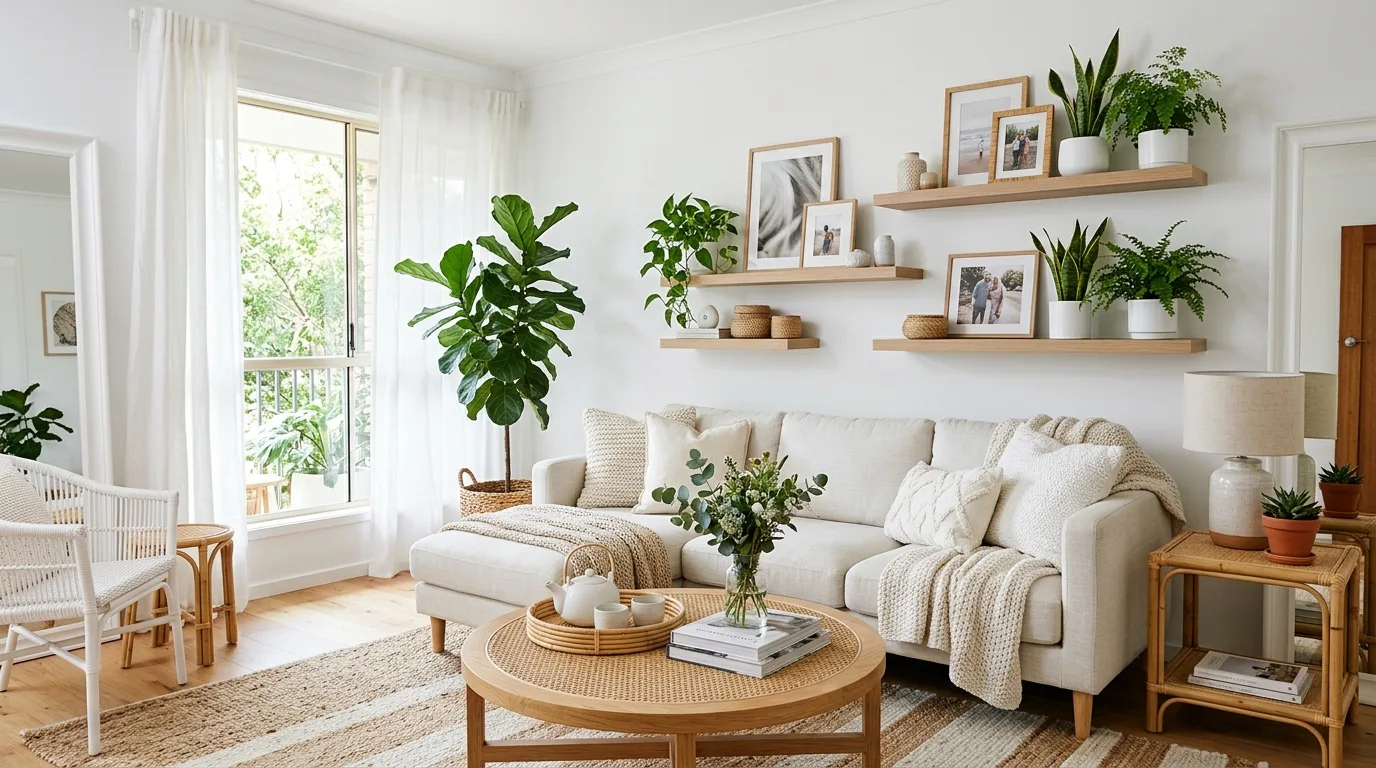 Bright living room featuring light wood accents and summer greenery
