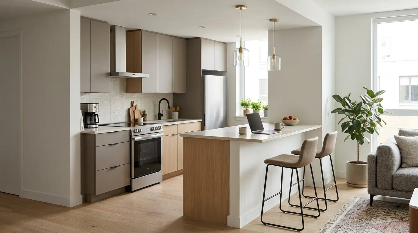 Wooden kitchen divider decorated with plants