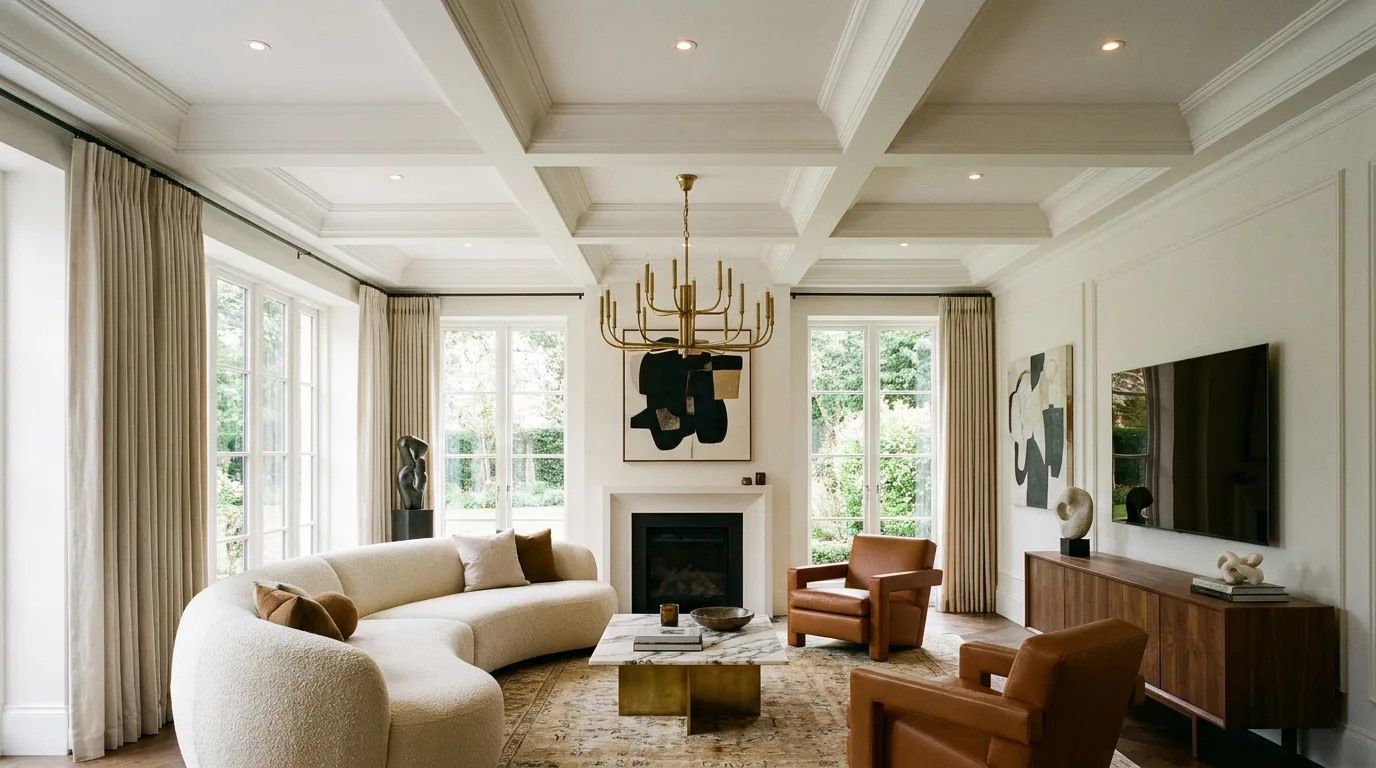 Contemporary living room with a wooden slat false ceiling and concealed lighting