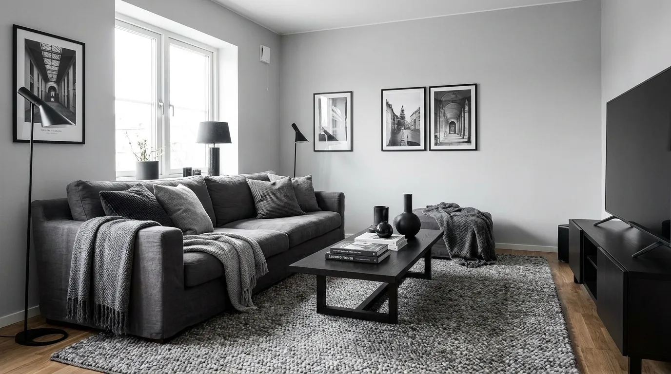 Grey and cream living room with cozy elegant decor