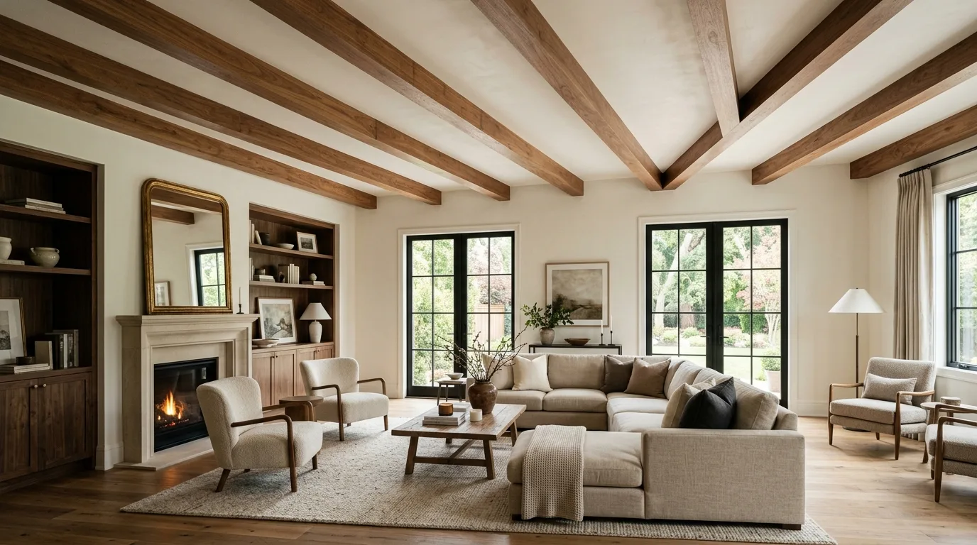 Wooden exposed beam false ceiling in an elegant living room