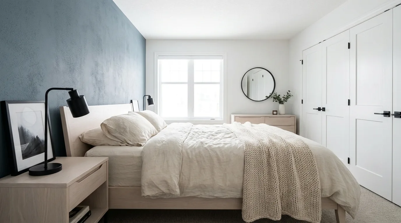 Relaxed bedroom with denim blue and cream walls, oak furniture, linen curtains, and woven textures.