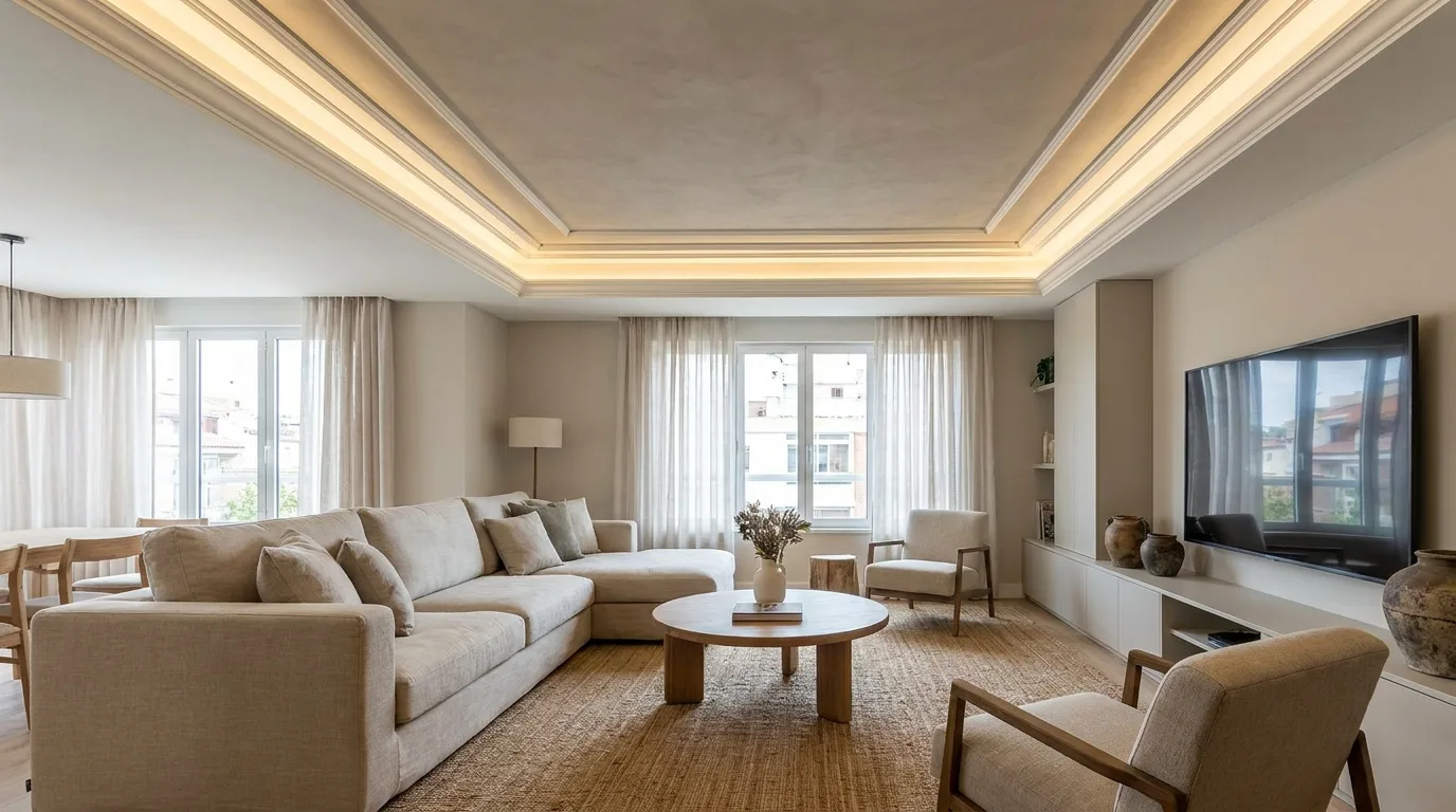 Sky blue and white POP ceiling with curved borders