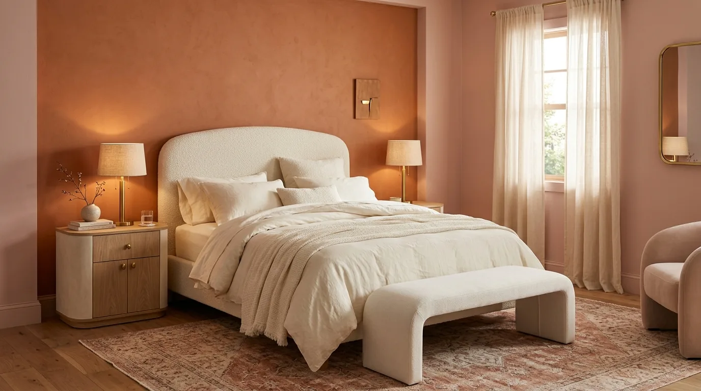 Playful modern bedroom with muted orange and dusty teal walls