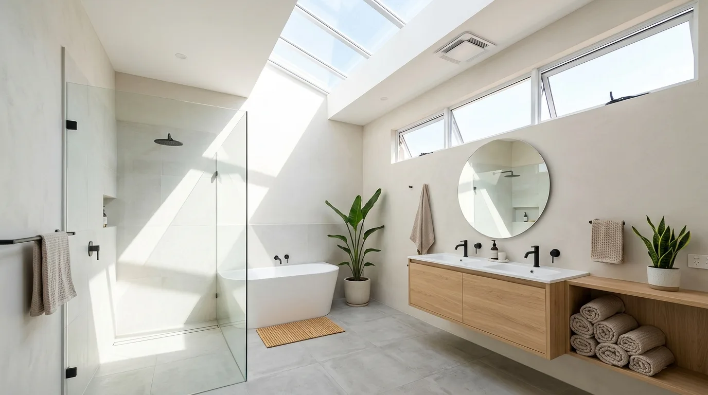 High-ceiling living room with skylight-based air circulation