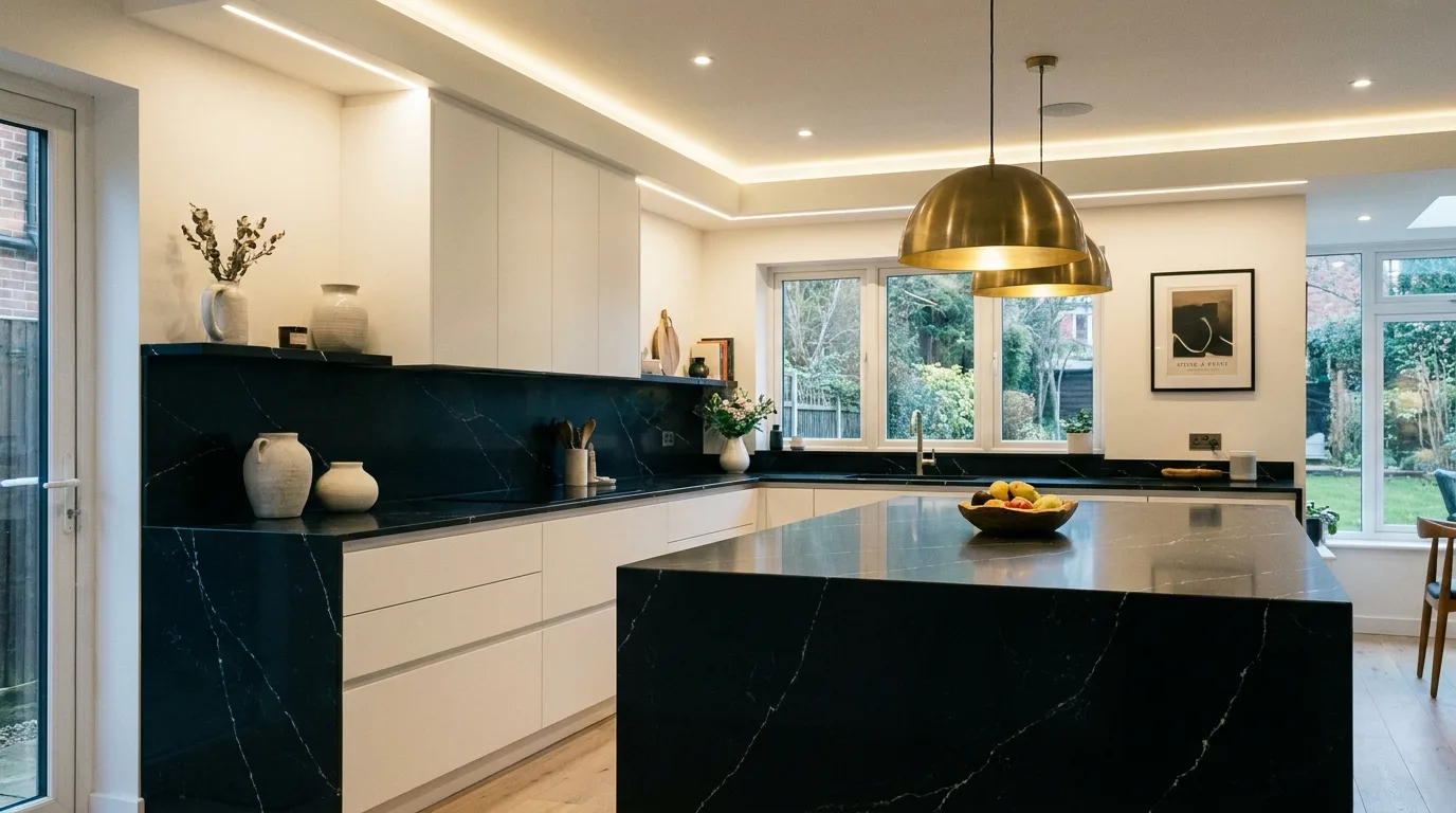 Deep green cabinets paired with black quartz countertops