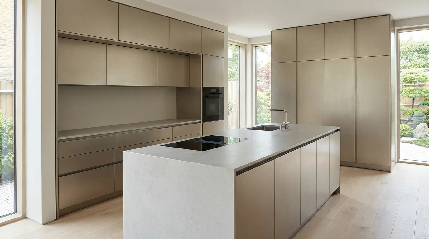 Aluminium kitchen cabinets paired with a white quartz countertop