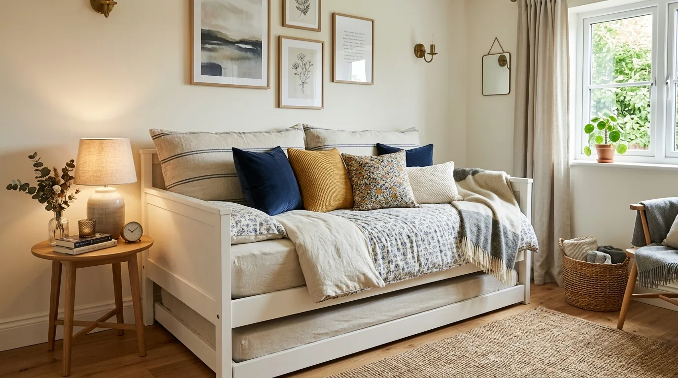 Shared bedroom with two beds divided by a narrow open shelf