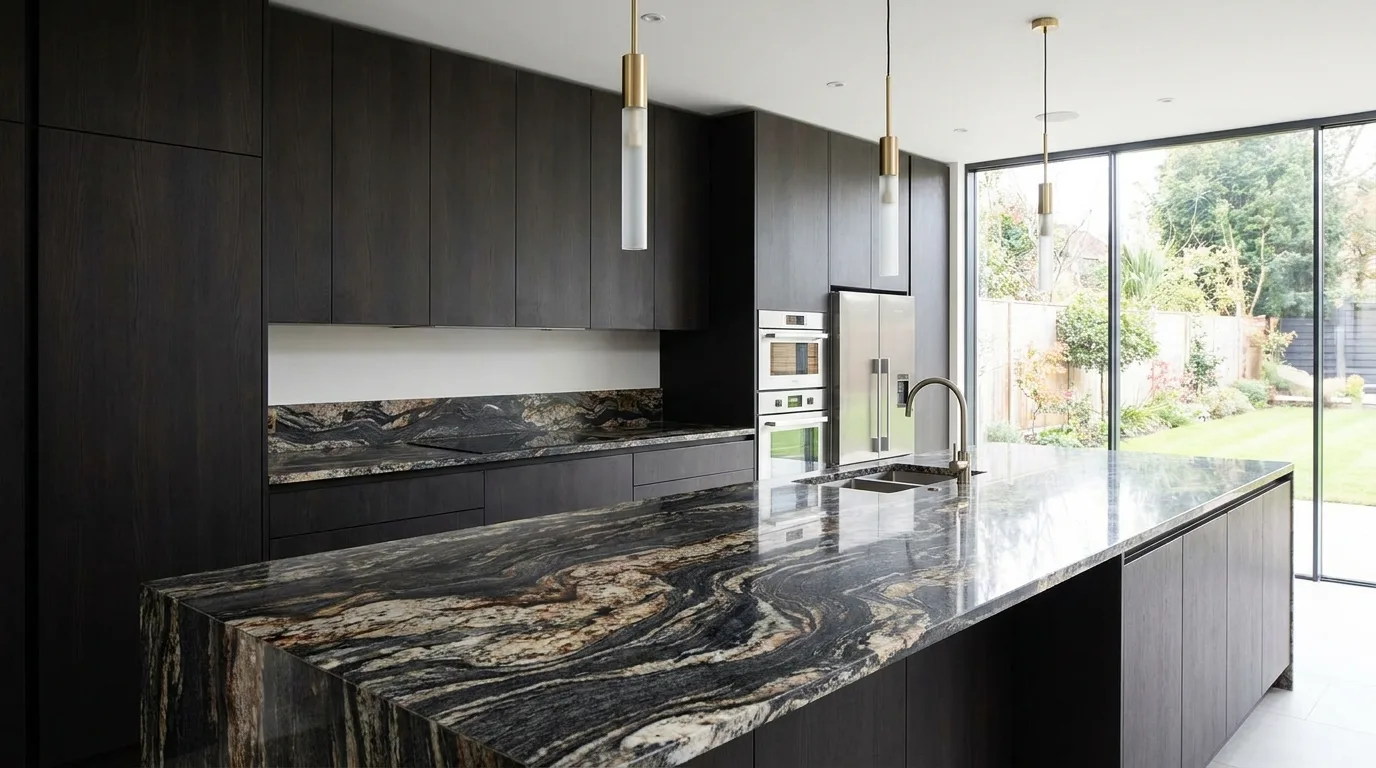 Contemporary kitchen with a dramatic waterfall countertop edge