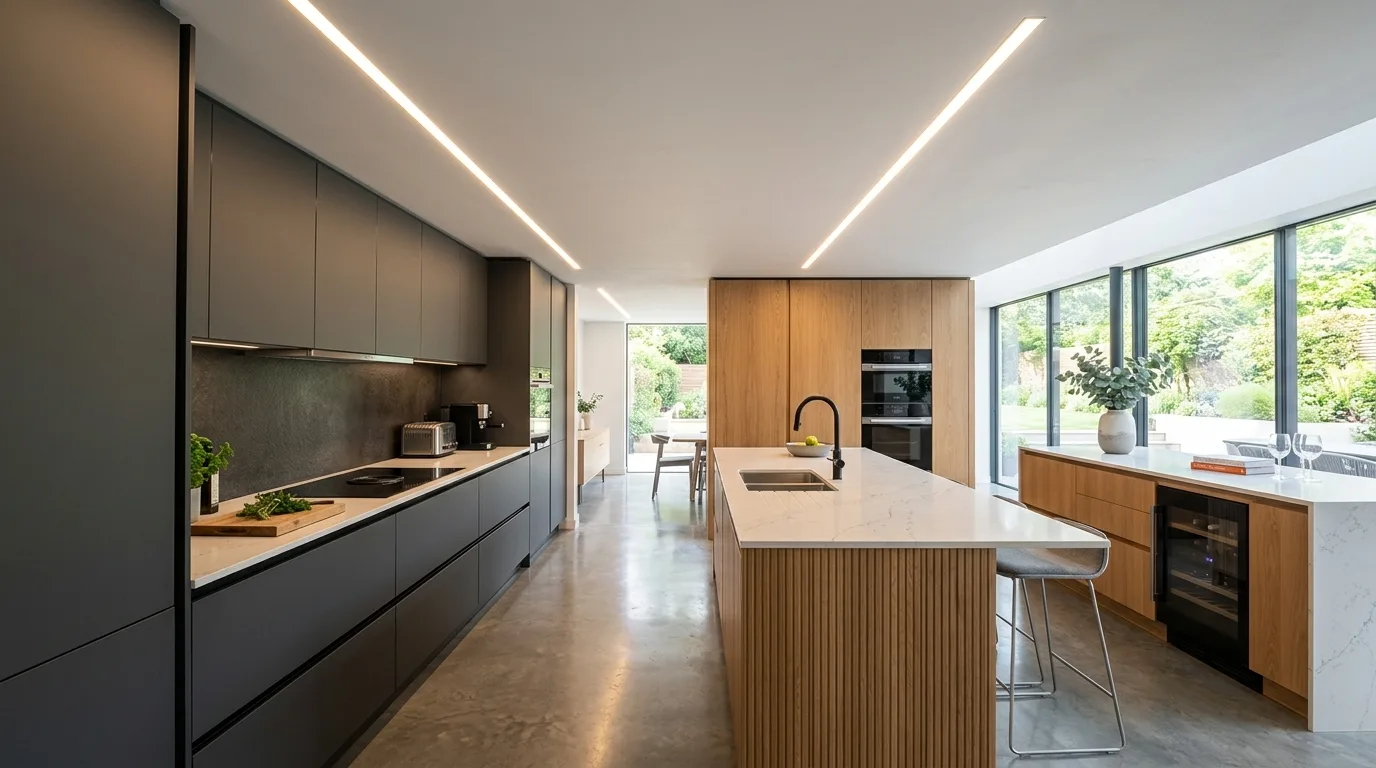 Contemporary kitchen with a geometric false ceiling design
