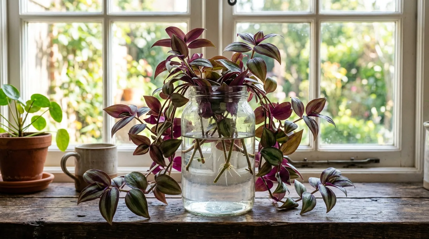 Tradescantia cuttings growing in water with colorful trailing foliage