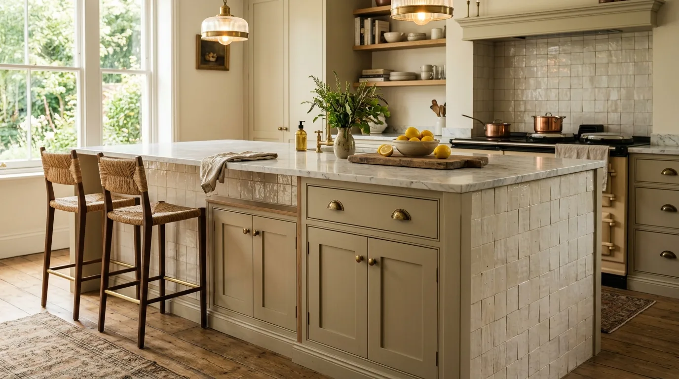 Mediterranean entryway with earthy zellige tile accent and wooden console