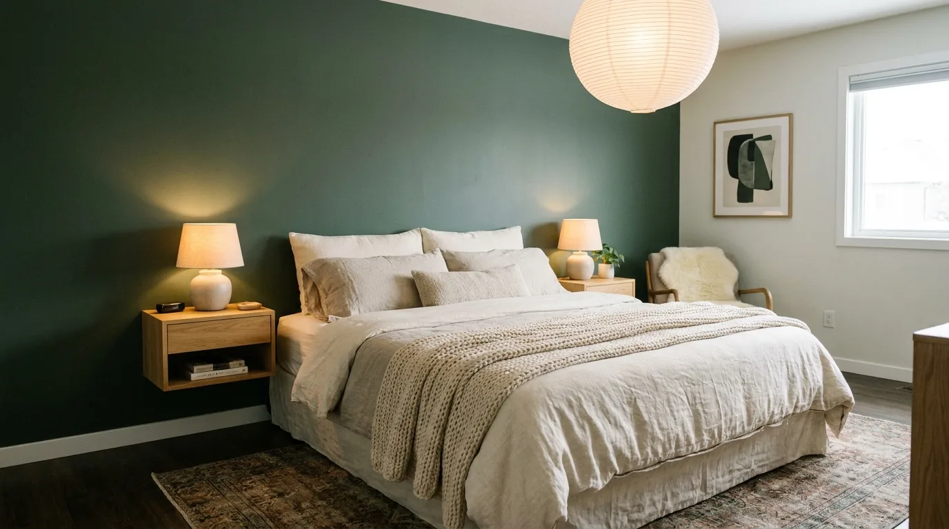 Contemporary bedroom with a vertical wood slat feature wall