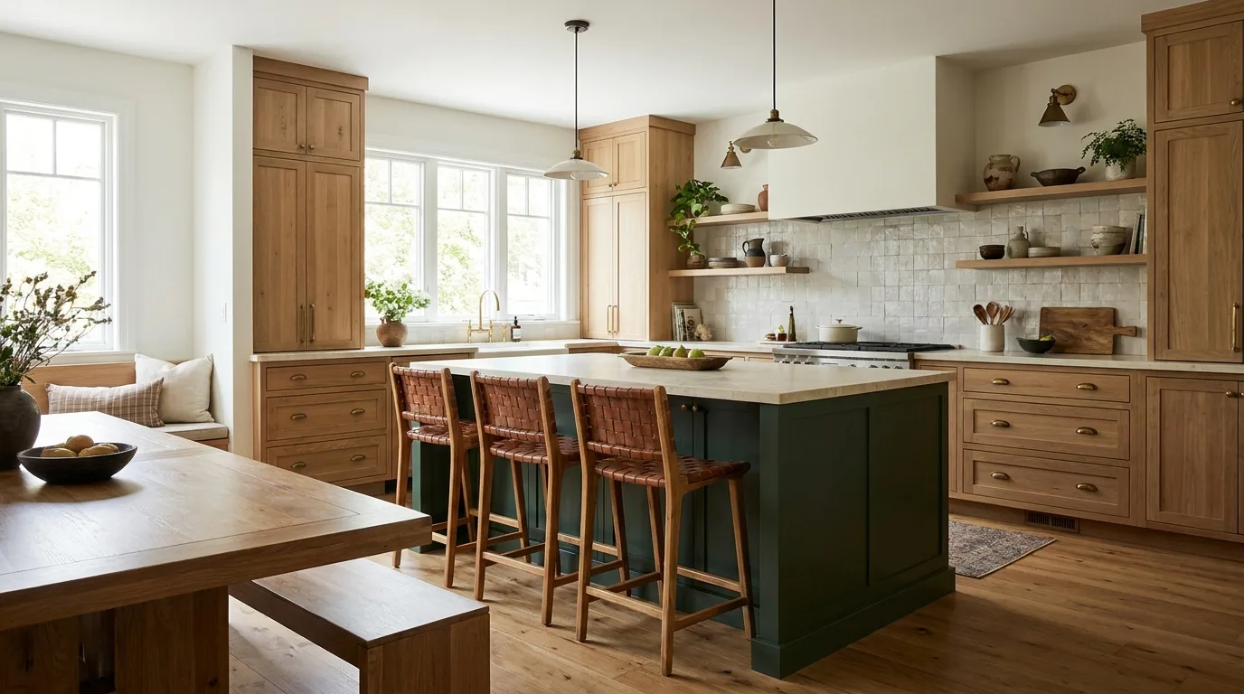 Cream kitchen cabinets with a terracotta island