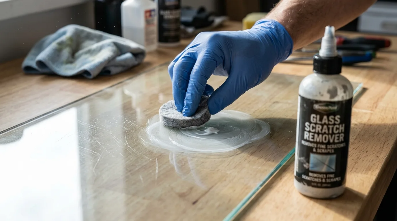 Dedicated glass scratch remover being applied