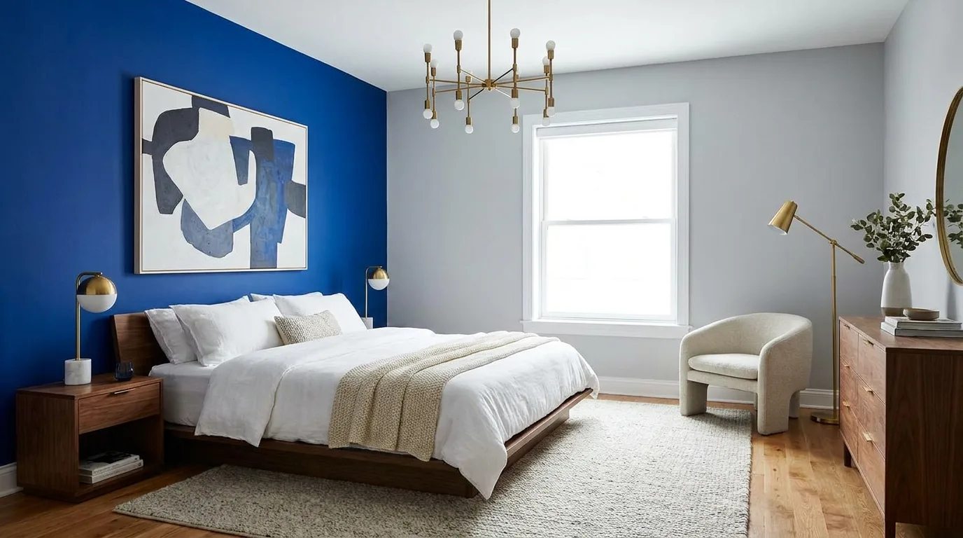 Muted blue and sage green bedroom walls with natural decor