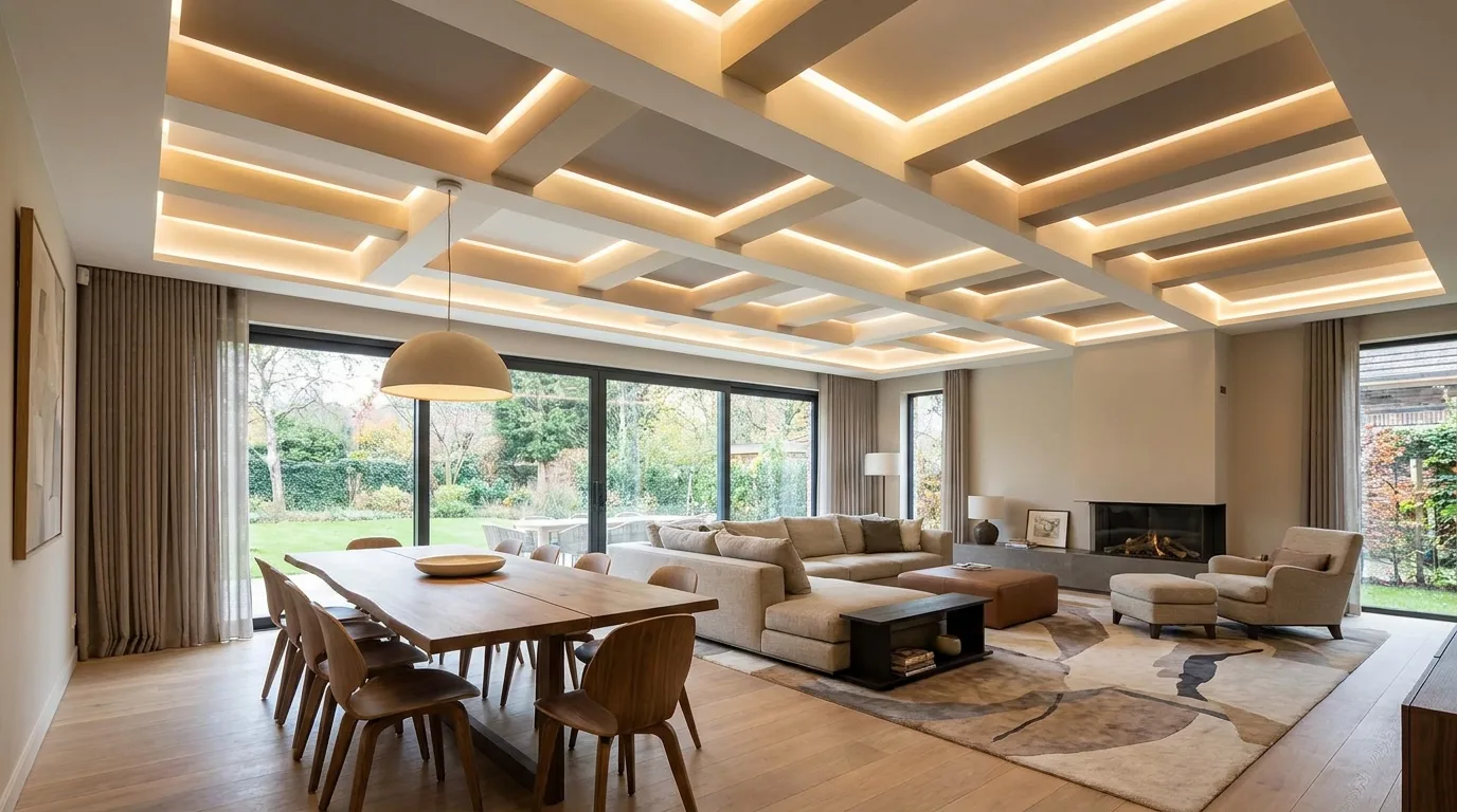 Black and white POP ceiling design in a contemporary living room