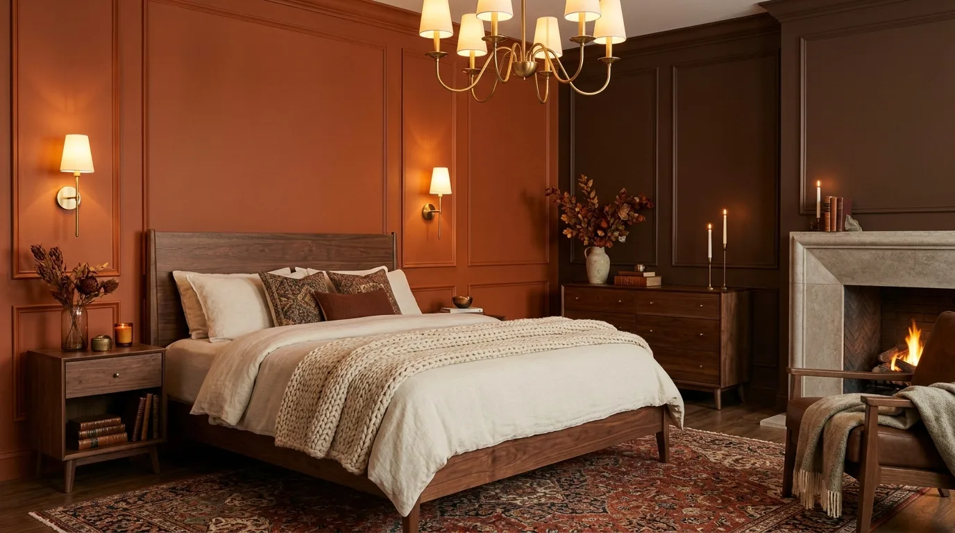Earthy rust orange and olive green bedroom design