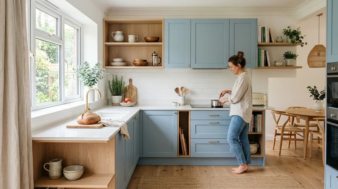 Taupe and white laminate cabinets in a modern neutral kitchen