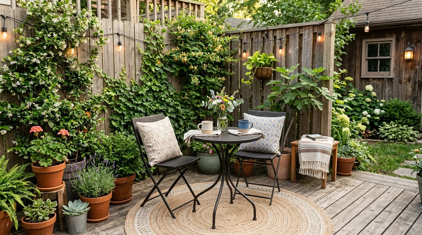 Outdoor rug defining a cozy backyard deck seating area