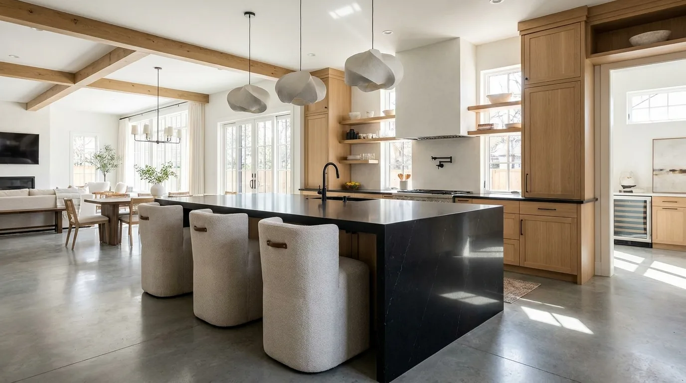 Kitchen with black quartz countertop and matching backsplash